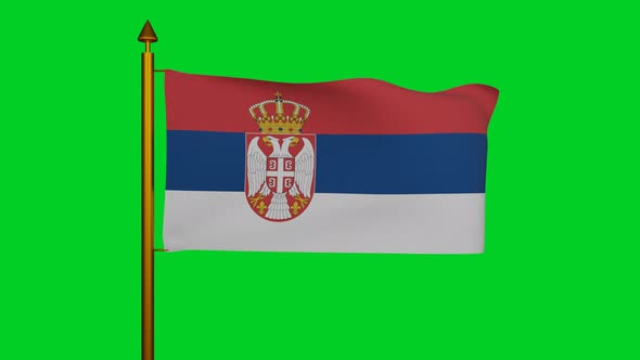 National flag of Serbia waving with flagpole on chroma key, Republic of Serbia flag textile