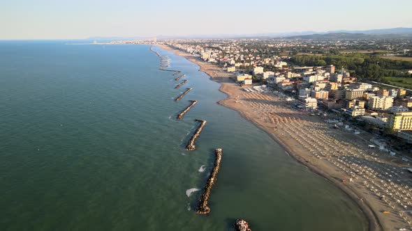 Torre Pedrera Beach, Rimini, Aerial View From Drone in Summer Season