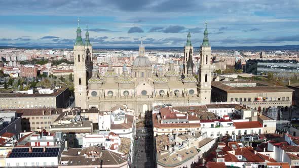 Cityscape of Zaragoza with Basilica Del Pilar in Spain Aerial View