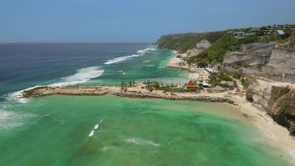 Aerial Drone Over Land Tounge on the Beach Bali Indonesia