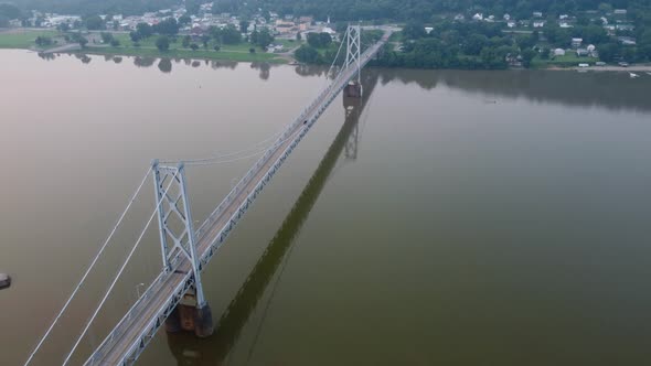 View of the Simon Kenton Memorial Bridge at Maysville, Kentucky on a foggy morning.  Aerial Drone fo