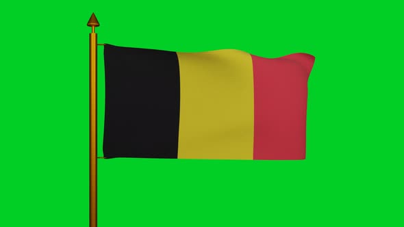 National flag of Belgium waving with flagpole on chroma key, Kingdom of Belgium Royaume de Belgique