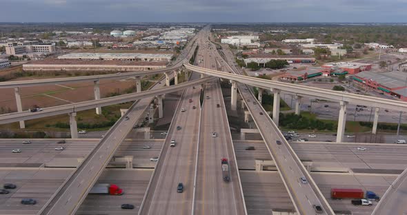 Aerial of cars on I-10 West freeway in Houston, Texas.