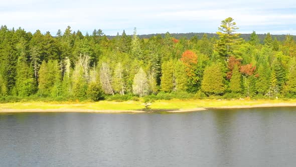 Early fall aerial footage of a remote lake in northern Maine flying towards shore DOLLY ZOOM