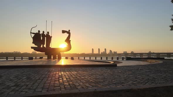 Symbol of Kyiv - a Monument To the Founders of the City in the Morning at Dawn. Ukraine. Aerial