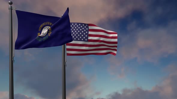 Kentucky State Flag Waving Along With The National Flag Of The USA - 4K