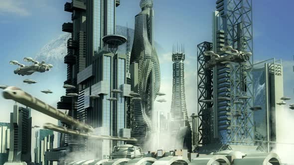 Futuristic City With Hovering Aircrafts