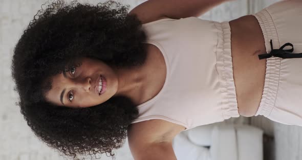 Trendy Happy Black Mixed Race Woman Vlogger Listeng Music Dances