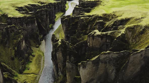 Drone Over Fjaora River And Fjaorargljufur Canyon