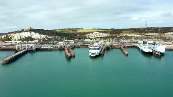 Aerial View of the Dover Harbor with Ferries and Cruise Ships in Dover UK
