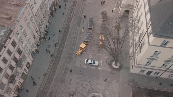 Aerial City Lviv, Ukraine. European City. Tourist Tram Rides Down City Center