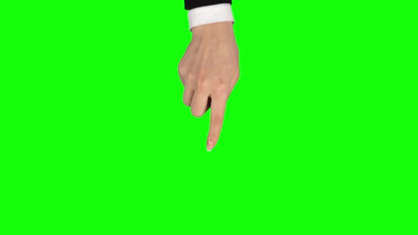 Female Hand in Black Jacket and White Shirt Is Performing Rotate at Tablet Screen Gesture. Chroma