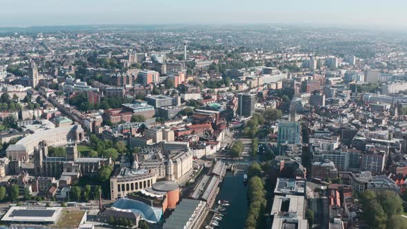 Drone shot over old city central Bristol