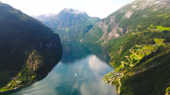 Panoramic drone landscape of Geiranger fjords, Geirangerfjord, Norway