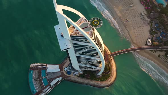 Aerial view above of the luxury Burj Al Arab hotel in Dubai.