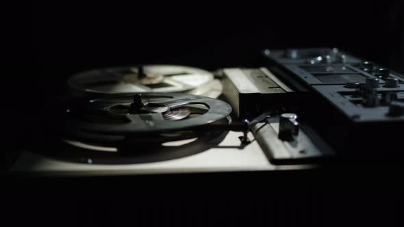 Rack Focus Close Up Old Reeltoreel Tape Recorder Plays Magnetic Tape Record