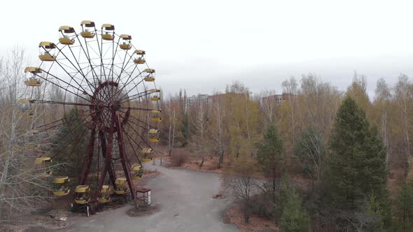 Chernobyl Exclusion Zone. Pripyat. Aerial. Abandoned Ferris Wheel.