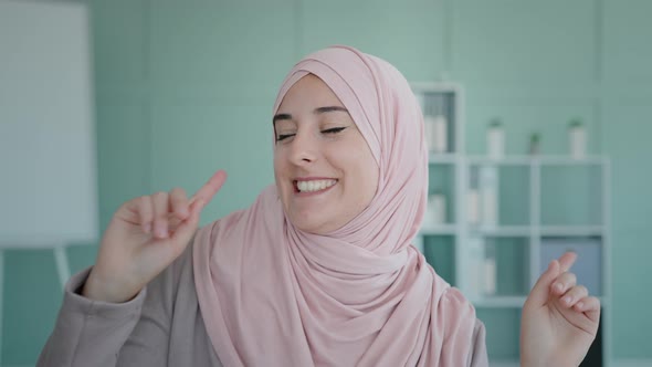 Arab Islamic Muslim Girl in Pink Hijab Businesswoman Cheerful Happy Lady Dancing Move Actively