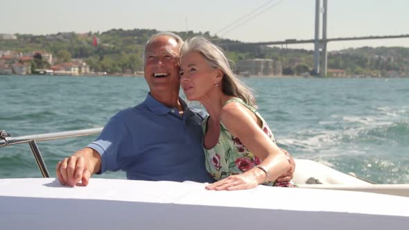 Senior couple embracing on a yacht in Istanbul, Turkey