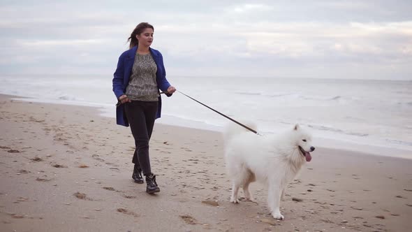 Young Attractive Woman Walking with Samoyed Dog on the Sand By the Sea