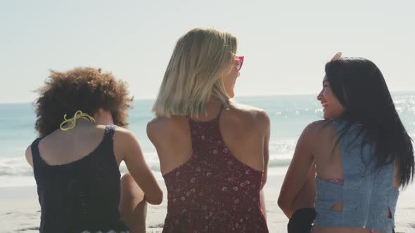 Rear view of mixed race friends talking in front of the sea