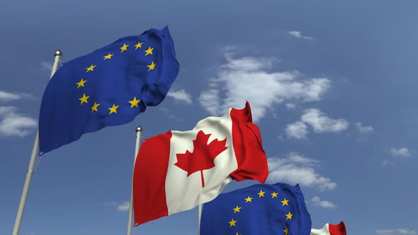 Row of Waving Flags of Canada and the European Union alt