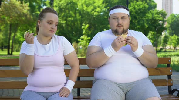 Fat Girl Eating Apple, Obese Man Having Burger, Individual Choice of Proper Food