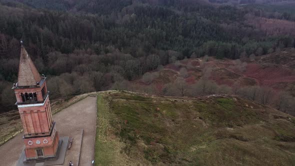 Aerial Over Red Brick Tower on the Top of Himmelbjerget Hill Denmark