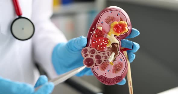 Nephrologist or Urologist Shows Mockup of Human Kidney