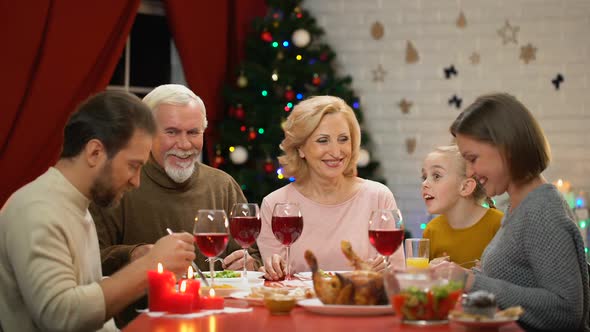 Cute Little Girl Telling Stories at Xmas Dinner With Family