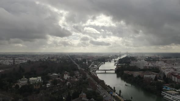 Puente de los Remedios bridge and Seville Cruise Terminal, Seville aerial cityscape