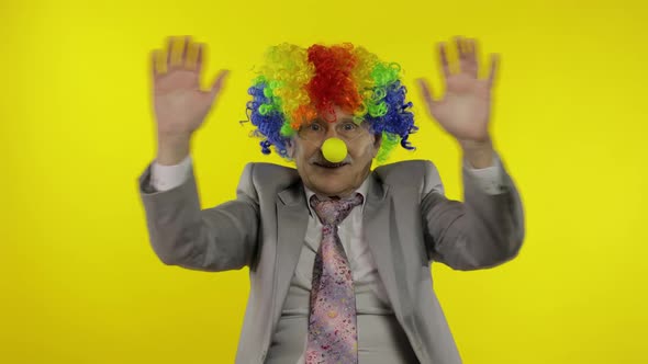 Senior Elderly Clown Businessman Entrepreneur in Wig Waves His Hands, Smiling