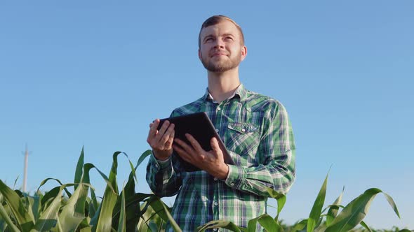 A Young Farmer Agronomist with a Beard Holds a Tablet in His Hands and Makes Notes Standing in the