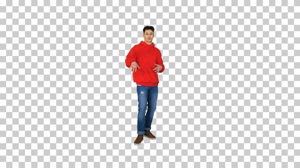 Young caucasian man dancer in red hoody talking to camera Alpha