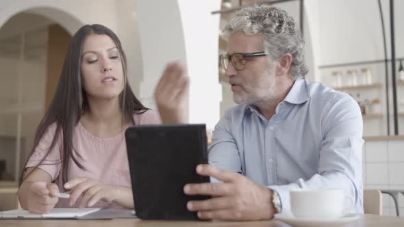 Brunette Businesswoman Listening Bearded Colleague