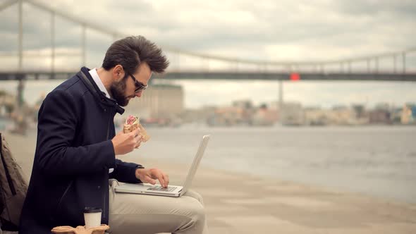 Busy Businessman Lunch Eating Sandwich. Manager Taking Break  Work. Eat Snack In Taking Brake Time.