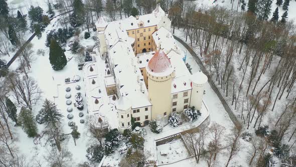 Aerial View of Chateau Konopiste in the Winter Time Castle and the Pond Are Covered with Snow CR