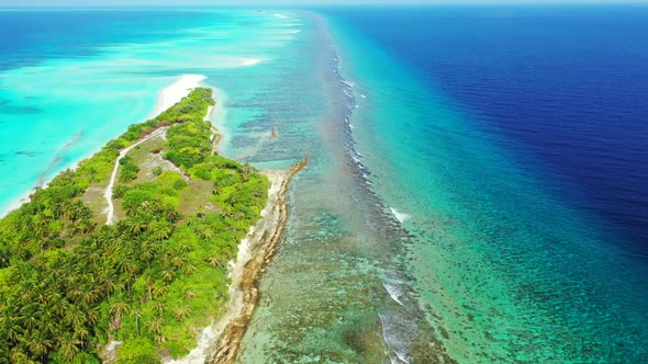 Aerial panorama of tropical island beach break by clear ocean and clean sand background of a dayout 