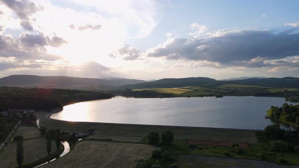 Aerial view of Teply vrch reservoir in Slovakia - Sunset