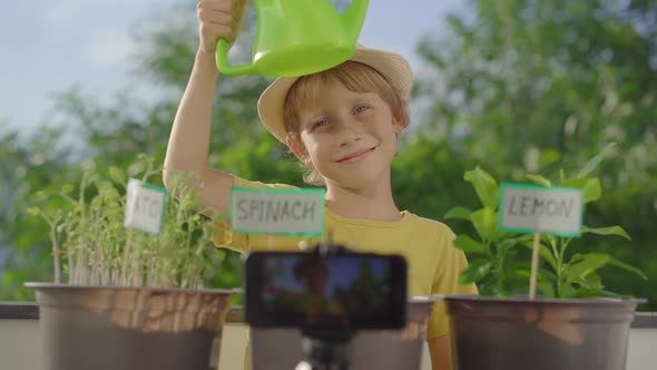 Little Boy Records a Vlog About His Small Home Garden on a Balcony. Home Farming Concept. Vlogging