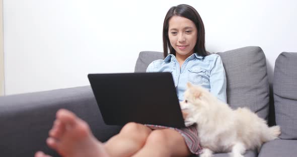 Woman use of laptop computer with her dog