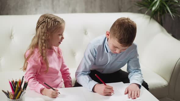 Boy Writes Sister Sits Nearby on Sofa Studying Together