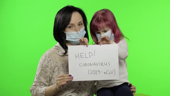 Sick Mother and Daughter Show Page with Help Message. Coronavirus Concept