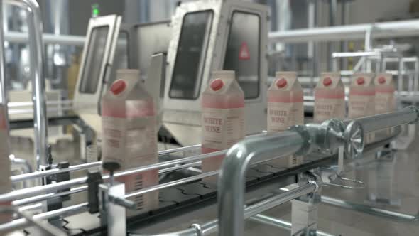 Production Facility Equipment Sorting White Wine Cartons Using Conveyor