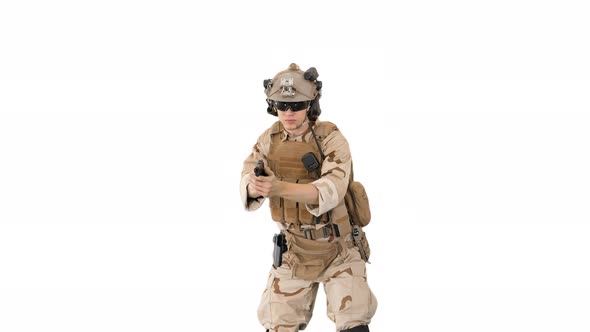 Modern Soldier Counter Terrorist Squad Fighter Shooting with a Pistol on White Background