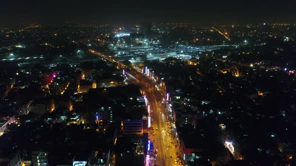 New Delhi city by night in India seen from the sky