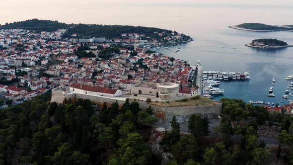 Panoramic View Of Spanish Fortress And Hvar Town In Croatia. aerial