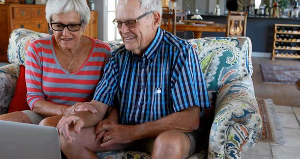 Senior couple using laptop on sofa 4k