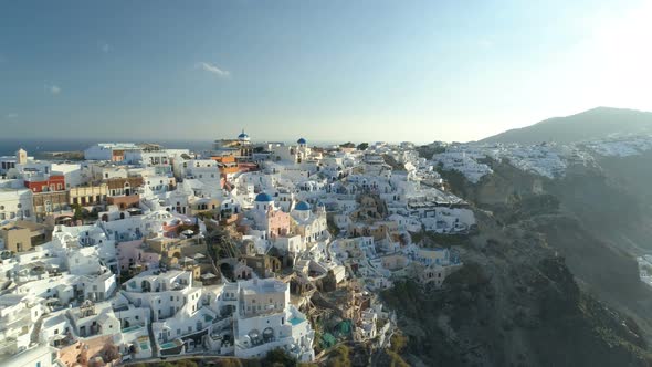 Aerial View Flying Over City of Oia on Santorini Greece