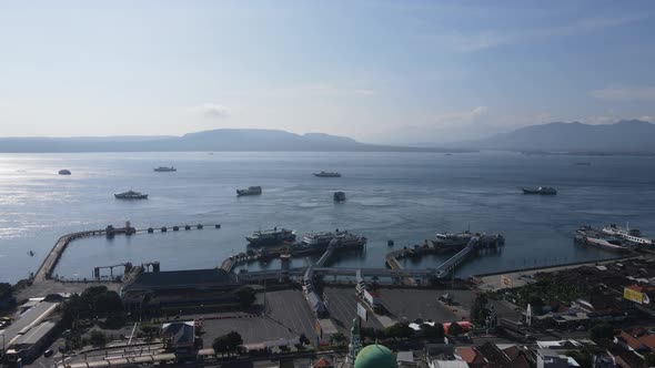 Aerial view of Port in Banyuwangi Indonesia with ferry in Bali Ocean